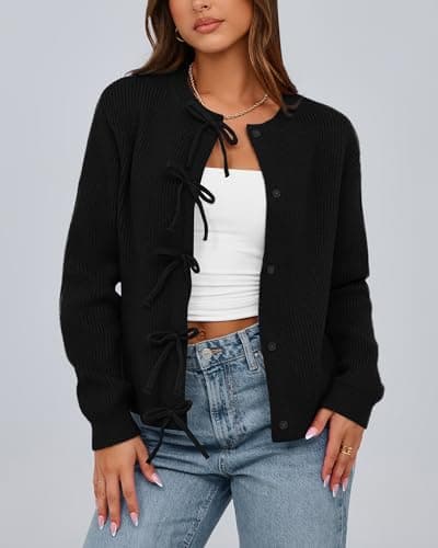 BTFBM Bow Cropped Cardigan Sweaters for Women 2026 Fall Winter Open Front Sweater Long Sleeve Button Fashion Spring Clothes(Black, Medium) - Thumbnail 5