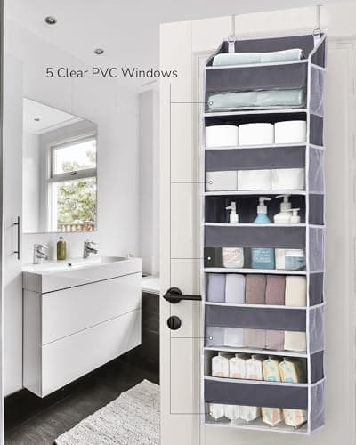 ULG 1 Pack Over Door Organizer with 5 Large and 10 Mesh Side Pockets, 44 lbs Weight Capacity Hanging Storage with Clear Window Kids Toys, Shoes, Diapers, Dark Grey, 5 Layers - Thumbnail 6