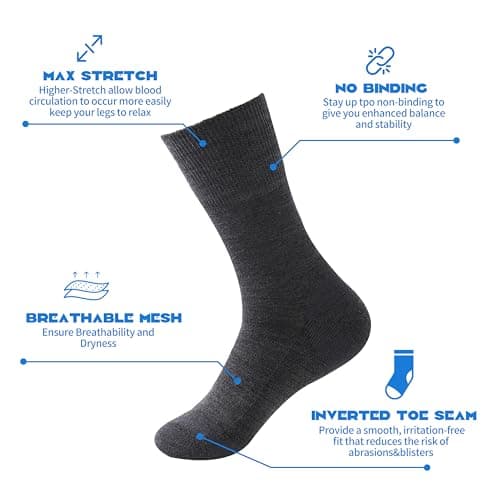 Forcool 3 Pairs Merino Wool Diabetic Crew Socks Men Women Non Binding Wide Loose Top Cushioned Sole Diabetic Dress Socks, Large Dark Gray - Thumbnail 4