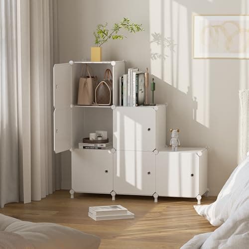 ATTDETJL Cube Storage Organizer, 6-Cube Shelves Unit with Doors, DIY Stackable Plastic Clothes Organizer for Bedroom and Under Stairs Storage Unit, Each Compartment 30 x 30 x 30 cm White - Thumbnail 6
