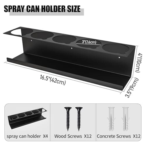 Riciakik 4 Pack Wall-Mounted Spray Bottle Holder, Aerosol Spray Can Holder Storage Rack, Heavy-Duty Paint Bottle Organizer With 20 Holes, Steel Black Spray Rack for Garage, Shop, Home or Tool Trailer - Thumbnail 2