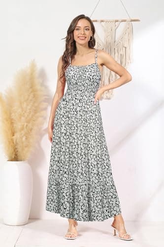 Women Dresses Boho Maxi Dress Spaghetti Strap Sleeveless Tiered A Line Ruffle Hem Long Dress with Pockets Black White Floral S - Thumbnail 4
