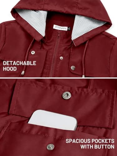 PITINAN Long Rain Coats for Women Waterproof Womens Rain Jacket Lightweight Travel Jacket Raincoats For Adults Women Wine Red M - Thumbnail 4
