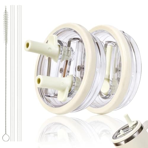 Replacement Straw Lid for Stanley 40 oz Tumbler with Double Straw, Leak-Proof Clear Flip Top Compatible with Stanley Quencher H2.0, 2-Pack, Cream - Image 1