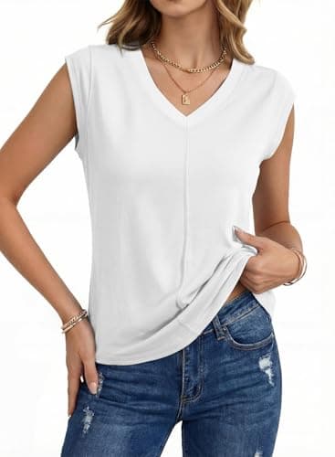 Sidefeel Shirts for Women Casual Summer Cap Sleeve V Neck Tops Trendy Patchwork Loose Fit Basic Tees Blouses White Size 2XL - Image 1
