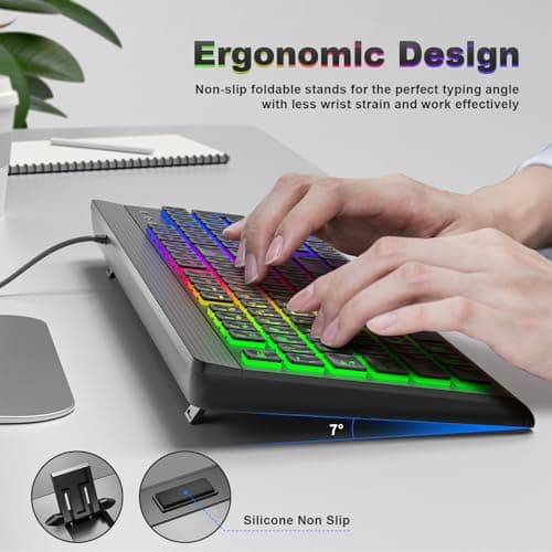 Atelus Large Print Backlit Keyboard, USB Wired Computer Keyboard, Full Size Keyboard with Rainbow Illuminated LED Compatible for Windows Desktop, Laptop, PC, Gaming, Black - Thumbnail 4