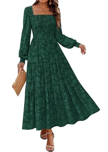 KIRUNDO Wedding Guest Dresses for Women 2026 Fall Long Sleeve Smocked Floral Flowy Spring Baby Shower Maxi Dress Pockets (Emerald Green, XX-Large) - Image 1