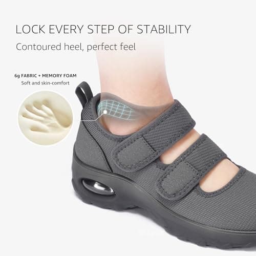 STQ Orthopedic Walking Shoes Adjustable Barefoot Mary Jane Diabetic Shoes Comfortable Breathable Nurse Shoes, Dark Grey, Size 9 - Thumbnail 4