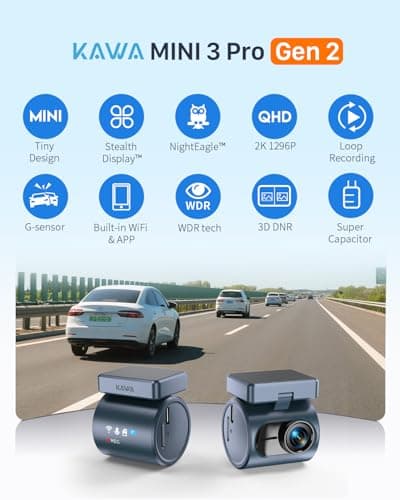 KAWA 2K Dash Cam for Cars with Voice Control - Stealth Display Tiny Dashcam Front Included 32GB Micro SD Card, Super Night Vision, 1296P QHD, G-Sensor, Built in WiFi & App Car Camera - Thumbnail 2