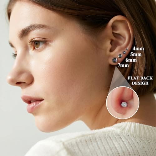 MHWTTY Hypoallergenic Cartilage Earrings for Women Men, 1 Pairs Titanium Stud for Women Gold Silver Black 20G Post & Screw Back with Cubic Zirconia 3 4 5 6 7 mm Piercing Jewelry (Silver+Rainbow CZ, 4mm) - Thumbnail 3