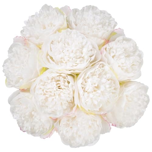 U'Artlines 2 Bouquet 10 Heads Artificial Peony Silk Flower Leaf Home Office Wedding Party Festival Bar Decor (Cream White)