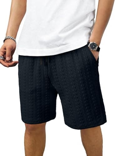 JMIERR Mens Cable Knit Sweat Shorts 7.5 inch - Casual Stretch Lightweight Elastic Waist Drawstring Lounge Shorts with Pockets for Vacation, Navy Blue, Small - Image 1