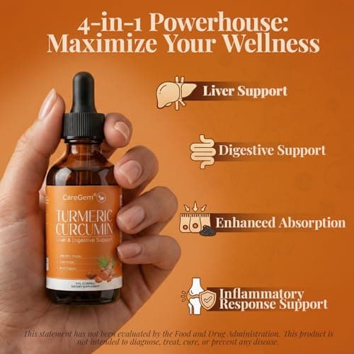 CareGem Turmeric Curcumin Complex Liquid Drops with Milk Thistle, Dandelion & Chamomile | High-Absorption Herbal Blend with Black Pepper & Ginger | Orange Flavor | 2 fl oz - Thumbnail 2