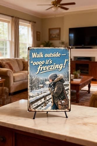 Walk Outside - Oooo It's Freezing Metal Tin Sign, 8x12 Inch Vintage Winter Art, Funny Cold Weather Quote, Snowy Landscape with Person in Coat, Pre-drilled Holes for Easy Hanging - Thumbnail 4