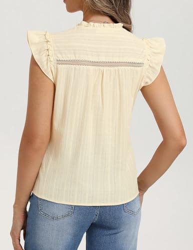 Belle Poque Women's Ruffle Short Sleeve Cotton Shirts V Neck Button Down Lace Crochet Blouses Spring Summer Dressy Casual Tops 2026 Apricot L - Thumbnail 4