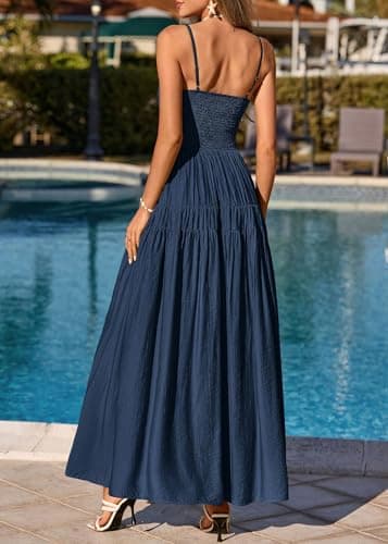 KIRUNDO Summer Dresses for Women Spaghetti Strap Sleeveless High Waist Flowy Boho Maxi Dress Beach Vacation Long Sundress(Navy Blue, Large) - Thumbnail 4
