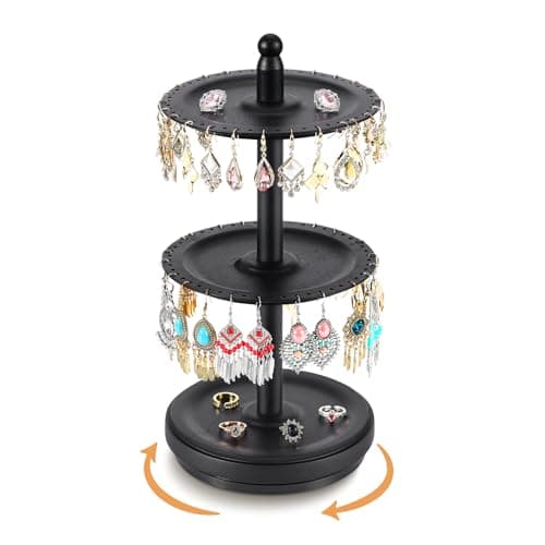 BNING Earring Holder Organizer, Rotating Solid Wood Earring Organizer Stand for Women Girls, 3-Tier Jewelry Holder Tree With 102 Holes for Display, Gifts for Her (Black)