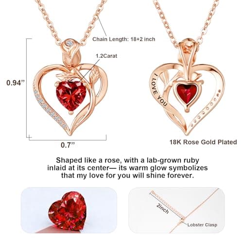 JACUPO Heart Birthstone Rose Gold Necklace for Women(Rose Gold-01/07-Ruby) - Thumbnail 2