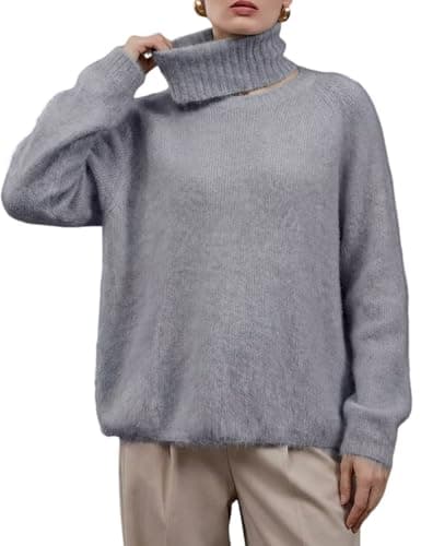 Wyeysyt Women's Fuzzy Sweater Cozy Sweaters Crew Neck Soft Fall Knit Pullover with Detachable Turtleneck(Grey-L) - Image 1