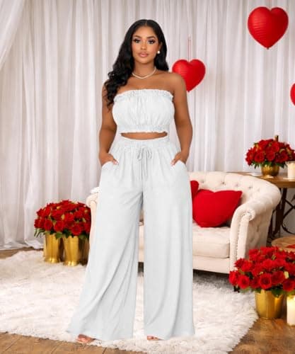 ABKY Two Piece Sets for Women Going Out Summer Off Shoulder Tube Top Palazzo Pants Set Vacation Birthday Party Date Night Outfits White 2XL - Thumbnail 2