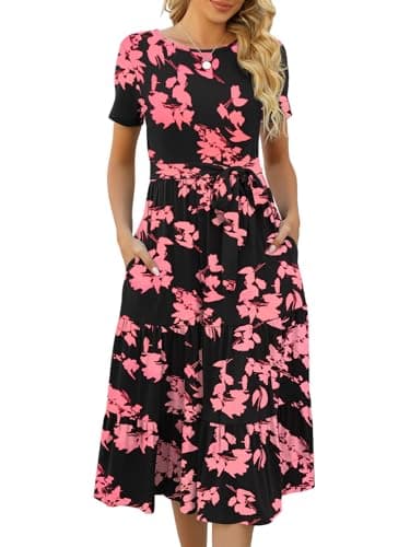Lyrur Womens Sundress Short Sleeve Midi Dress with Pockets Crewneck Tiered Ruffle Casual Summer Dresses (M,9191-Black Coral) - Image 1