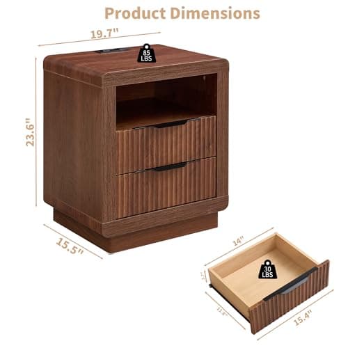YANSNWO Walnut Nightstand with Charging Station, 23.6" H Modern Bedside Table with Thickened Curved Profile Design, End Table with 2 Drawers for Bedroom - Thumbnail 2