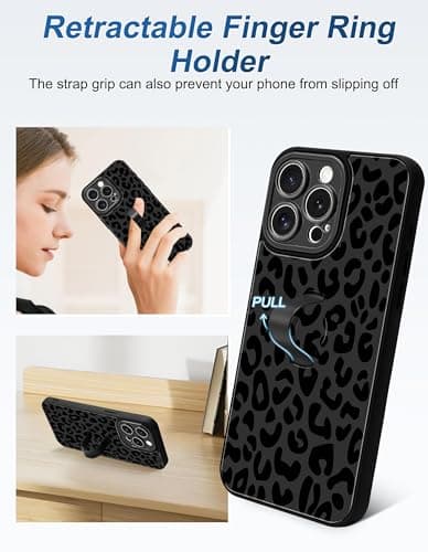 Aitipy Cheetah Phone Case Compatible with iPhone 13 Pro, with Leopard Print Finger Hand Strap Kickstand Shockproof Full Camera Protection Soft TPU Protective Cover for Women Girls, Black - Thumbnail 3