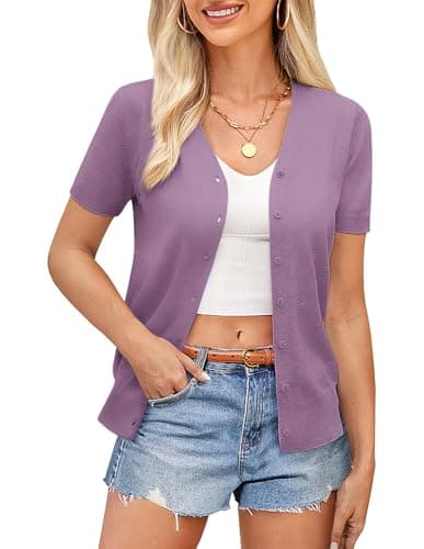 GRACE KARIN Purple Cardigans for Women Lightweight Summer Short Sleeve Shrug Sweater V-Neck Button Down Cardigan Sweater (Purple,L) - Image 1