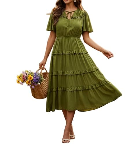 Ystguic Casual Boho Summer Trendy Dresses with Pockets Elastic Waist for Women 2025 Pleated Flowy Aline Rayon Viscose Dress for Seniors for Wedding Guest X-Large YG025 Army Green XL
