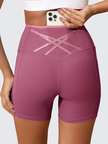 Aoysky Womens Workout Biker Shorts 5" Color Block High Waisted Yoga Athletic Shorts Pink - Thumbnail 2
