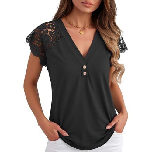 Angashion Womens Tops Lace Short Sleeve Casual V Neck Tunic with Button Summer Elegant Business Work Blouse Black Medium - Thumbnail 2