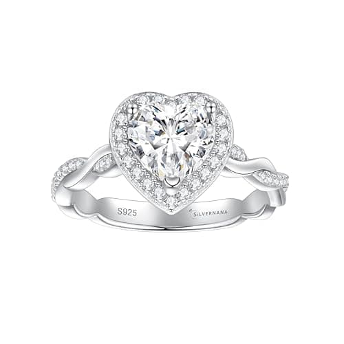 SILVERNANA 1.5ct Heart Cut Moissanite Engagement Ring for Women 925 Sterling Silver Twisted Vine Heart Halo Promise Ring Size 4 - Image 1