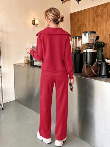 Casly Lamiit 2 Piece Lounge Sets for Women 2026 Casual Sweatsuit Travel Outfits Double Zipper Sweatshirt Long Sweatpants Athletic Track Suit Red XL - Thumbnail 6