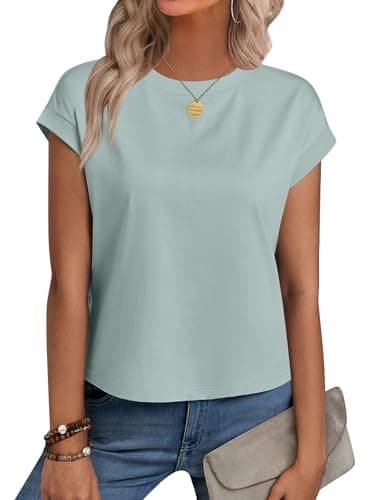 Womens Crop Tops Cap Sleeve T Shirts Cotton Crewneck Loose Fit Trendy Short Sleeve Tops for Women 2026 Mint - Image 1