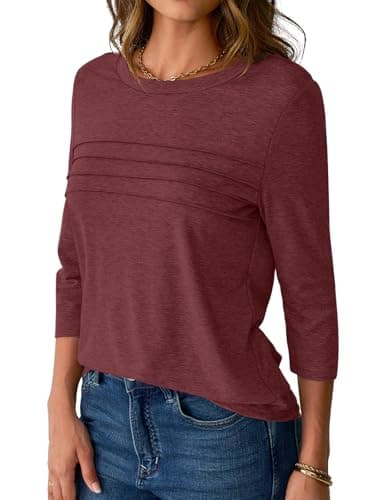 NORACORA Womens 3/4 Sleeve Tops Spring Summer Round Neck Dressy Shirts Tunic Pleated Tees Business Casual T-Shirts Fall Goning Out Outfits Wine Red L - Thumbnail 3