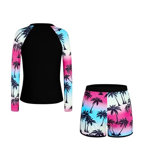 Alakuoti Girls Rash Guard Swimsuit Two Piece Bathing Suit UPF 50+ Sun Protection Long Sleeve Swimwear Size 6 Black Palm Tree - Thumbnail 6