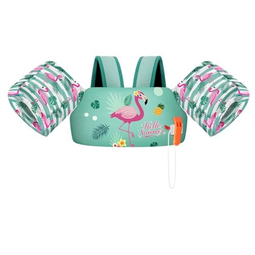 HeySplash Toddler Swim Vest, Toddler Floaties Fit 22-55 Lbs, Kids Swimming Jacket with Adjustable Strap, Arm Floaties Water Wing Children Learn to Swim, Puddle Sea Beach Jumper, Blue-Striped Flamingo