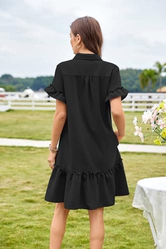 CCTOO Women's Summer Dresses Casual V Neck Button Down 3/4 Sleeve Floral Print Loose Flowy Shirt Dress 06 Black L - Thumbnail 3