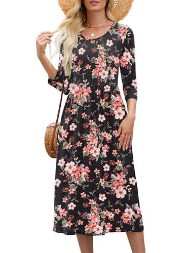 Heymoments Midi Dress for Women Black Peachblossom XX-Large Crewneck 3/4 Sleeves Wedding Guest A line Casual Flowy Swing Party Vintage Spring Fall Winter Travel 2026 Long Dresses with Pocket - Image 1
