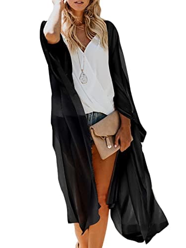 Women's Boho Long Kimono Cardigan Dusters Summer Lightweight Chiffon Sheer Beach Swimsuit Swimwear Bathing Suit Bikini Cover Ups Coverup Plus Size Resort Wear Solid Color Black Large - Image 1