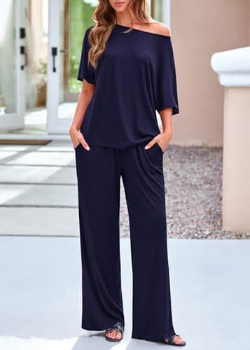 KIRUNDO Two Piece Sets for Women Lounge Airport Travel Vacation Outfits 2026 Summer Off Shoulder Tops Matching Wide Leg Pants(Navy, XX-Large) - Thumbnail 3