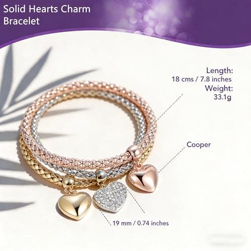 SILANER Crystal Charms Multilayer Bracelets - 3PCS Gold/Silver/Rose Gold Corn Chain Bracelet for Women, Tree of Life Heart Shaped Stretch Bracelet(Solid Hearts Charm) - Thumbnail 2