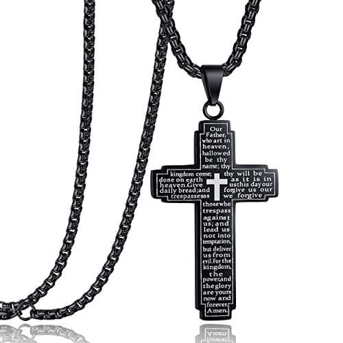 Rehoboth Stainless Steel Our Father Lord's Prayer Cross Pendant Necklace for Women Men Chain 24 Inch Black - Image 1