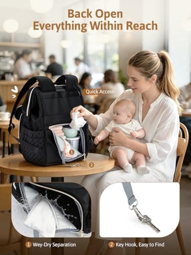 Lekesky Quilted Diaper Bag Backpack, Wide Opening Large Baby Bag for Mom Dad Maternity Baby Boy Girls, Black Travel Diaper Backpack with Changing Pad, Insulated Pockets, Pacifier Case - Thumbnail 5