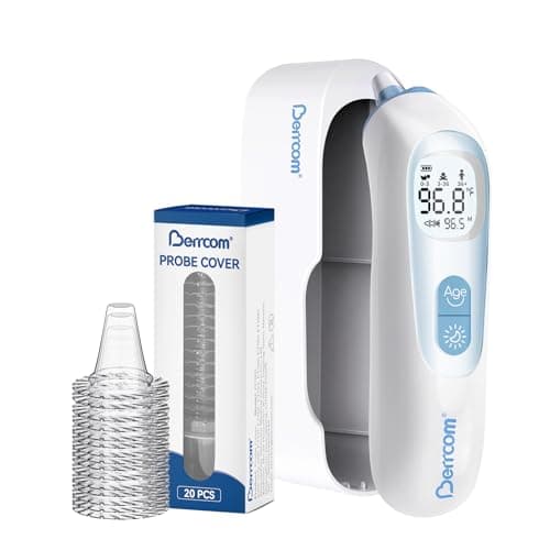 Berrcom Digital Ear Thermometer with Heated Tip, 1-Second Accurate Reading for All Ages, Fever Alarm with Mute & Night Light, Includes 21 Probe Covers & Storage Box