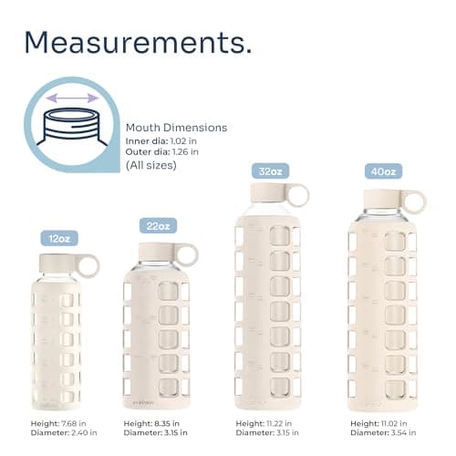 purifyou 40oz / 32oz / 22oz / 12oz Borosilicate Glass Water Bottle with Time & Volume Markers, Silicone Sleeve, Stainless Steel Lid | Reusable Glass Bottle for Water & Juice (12oz Pearled Ivory) - Thumbnail 2