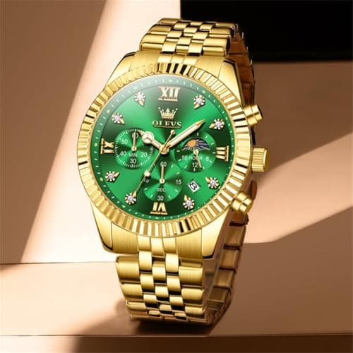 OLEVS Gold Watches for Men Luxury Dress Green Big Face Stainless Steel Analog Quartz Mens Watch Wrist Waterproof Fashion Chronograph Moon Phase Luminous Mens Watches Relojes para Hombres - Thumbnail 3