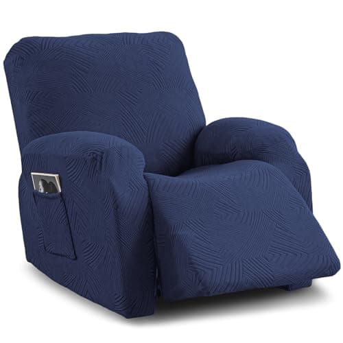 Cushonix Oversized Recliner Chair Covers,Stretch Geometric Strokes Jacquard Reclining Chair Slipcovers,Furniture Protector with Side Pocket,Soft Breathable Couch Cover for Pets Kids,Navy Blue - Image 1
