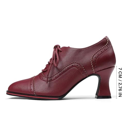 Yremael Women's Red Oxfords Dress Wingtip Vintage Comfortable Chunky High Heel Lace Up Brogues Booties - Thumbnail 3