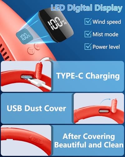 Portable Neck Fan with Mister,Hands Free Folded Neck Fan with LED Display&4 Fan Speeds, Misting Cooling Personal Fans for Your Neck,Foldaway Face Fan with Mist Birthday Gifts for Women Men Adult - Thumbnail 5